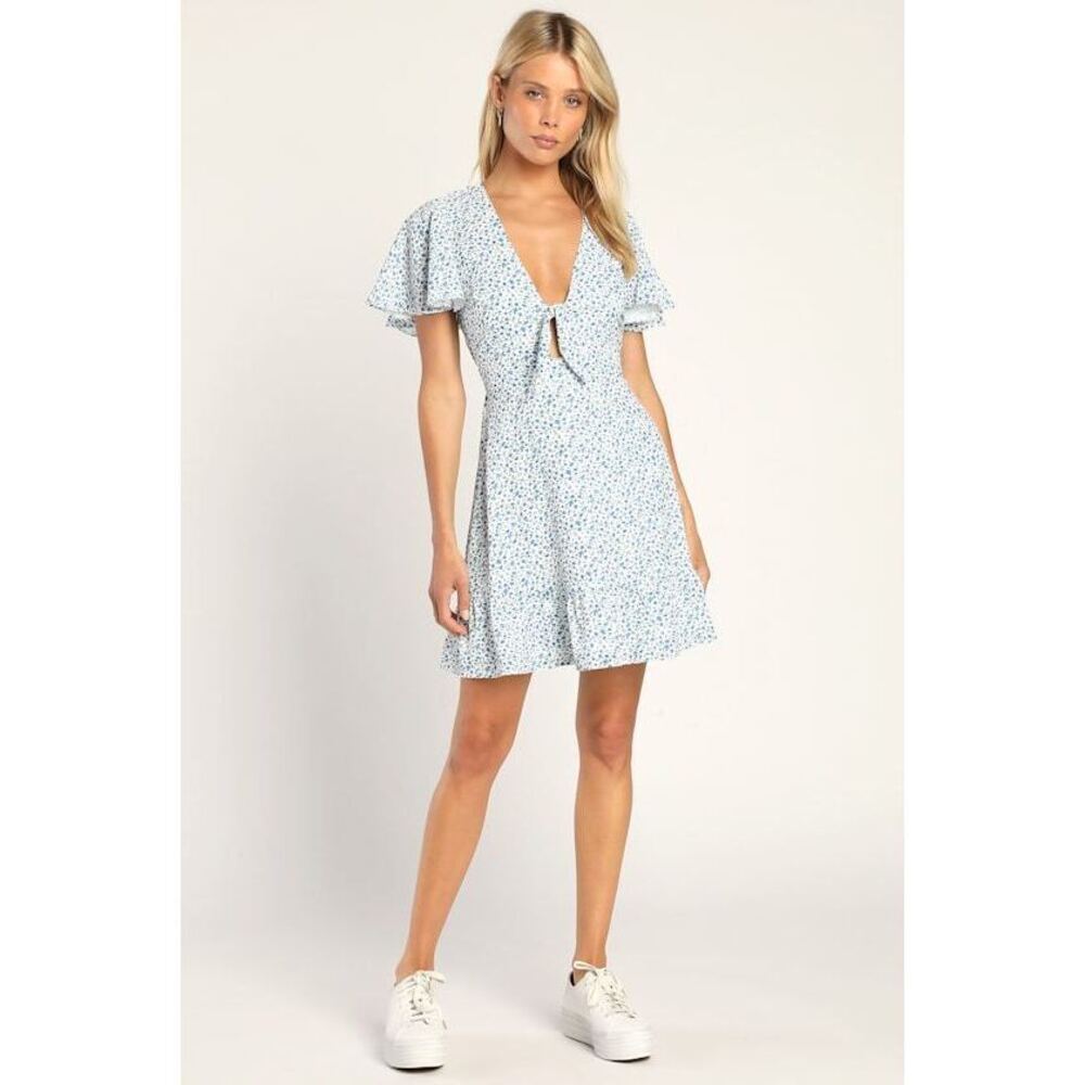 Lulus Sunny Wishes White Floral Print Tie-front Mini Dress - Size L